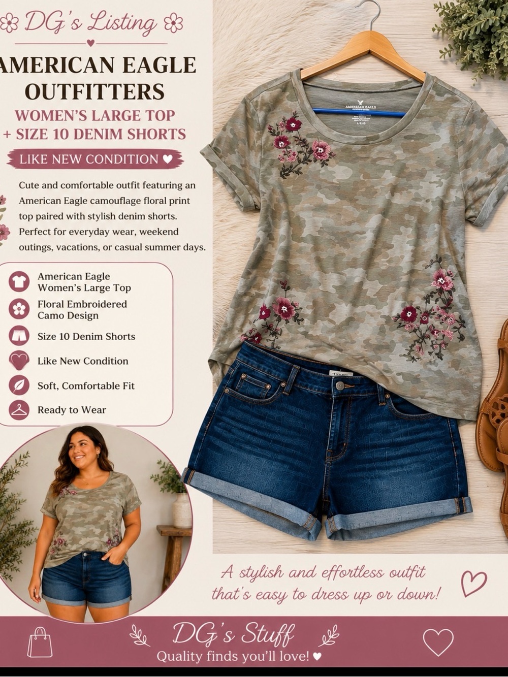 American Eagle Outfitters Olive Camo Tee with Pink Floral Embroidery with shorts